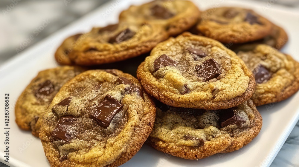 freshly baked chocolate chip cookies with melting chunks, golden-brown edges, arranged artistically on white freshly baked chocolate chip cookies with melting chunks, golden-brown edges, arranged artistically on white