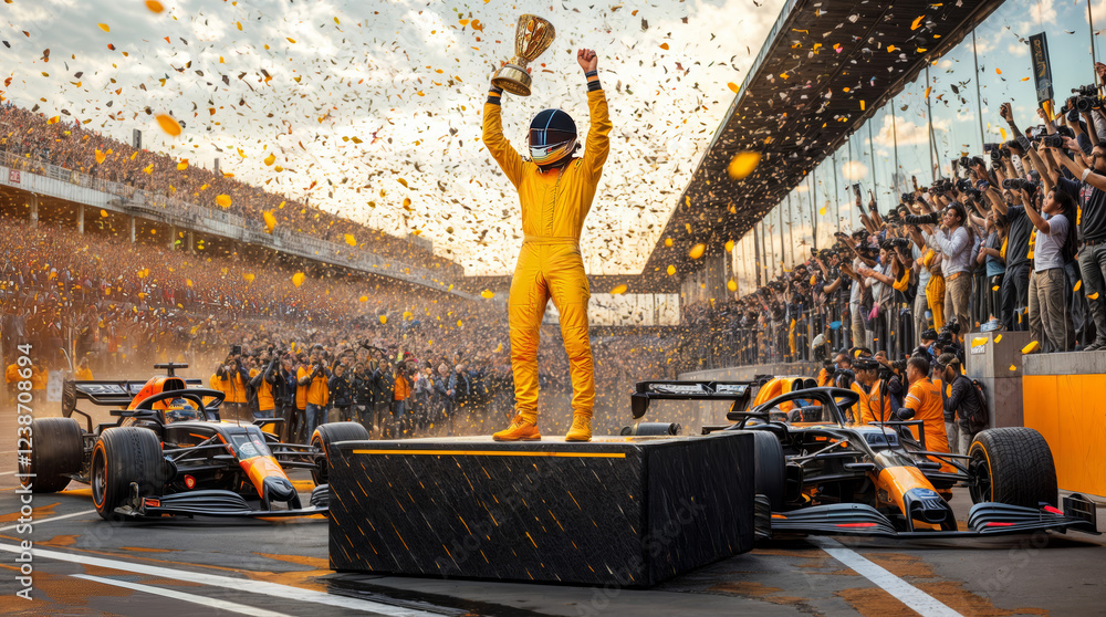 Obraz premium Triumphant Formula 1 Champion Celebrates Victory on the Podium Amidst Cheers and Confetti