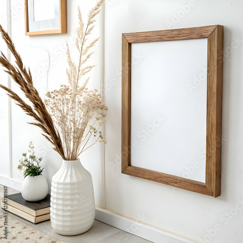 Modern home decor with wooden frame and dried flowers in white vase art room wall style grass plant
