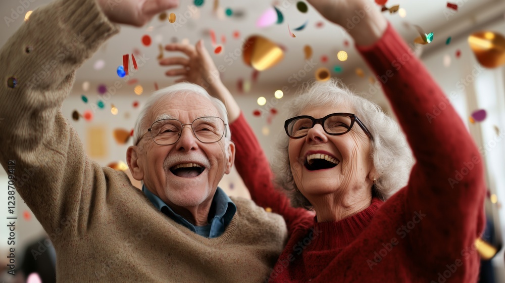 Obraz premium A couple of older people are celebrating with confetti. They are smiling and laughing. The scene is joyful and festive