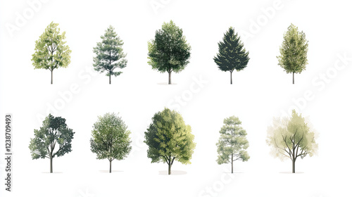 Collection of isolated 2D trees in minimalistic style, showcasing various shapes and colors