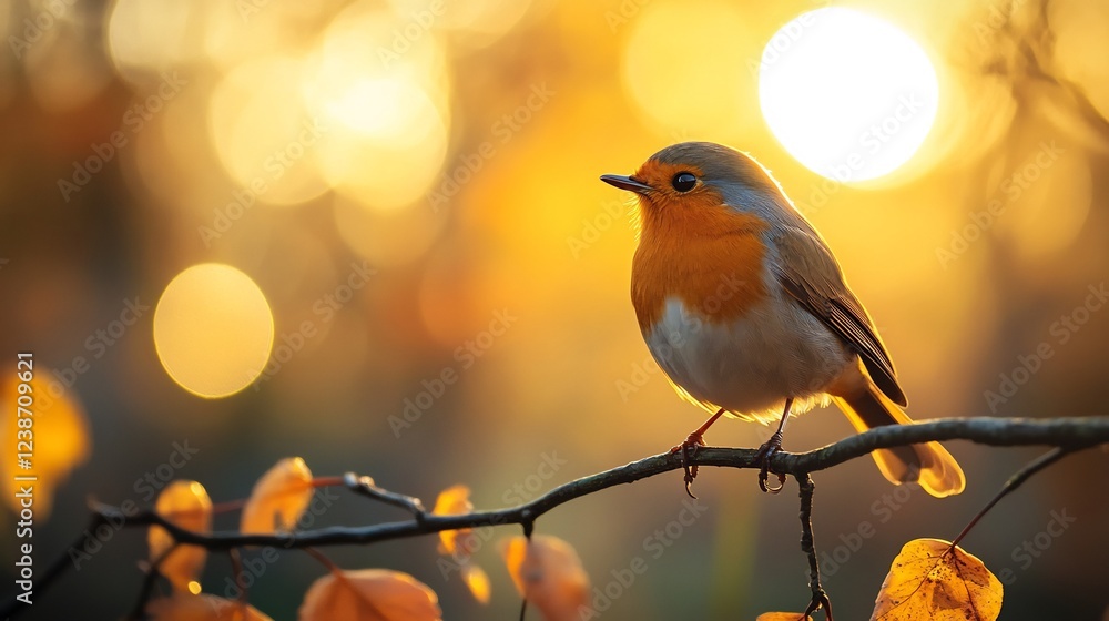 Golden hour bathes serene robin perched on autumn branch. AI Generated Golden hour bathes serene robin perched on autumn branch. AI Generated