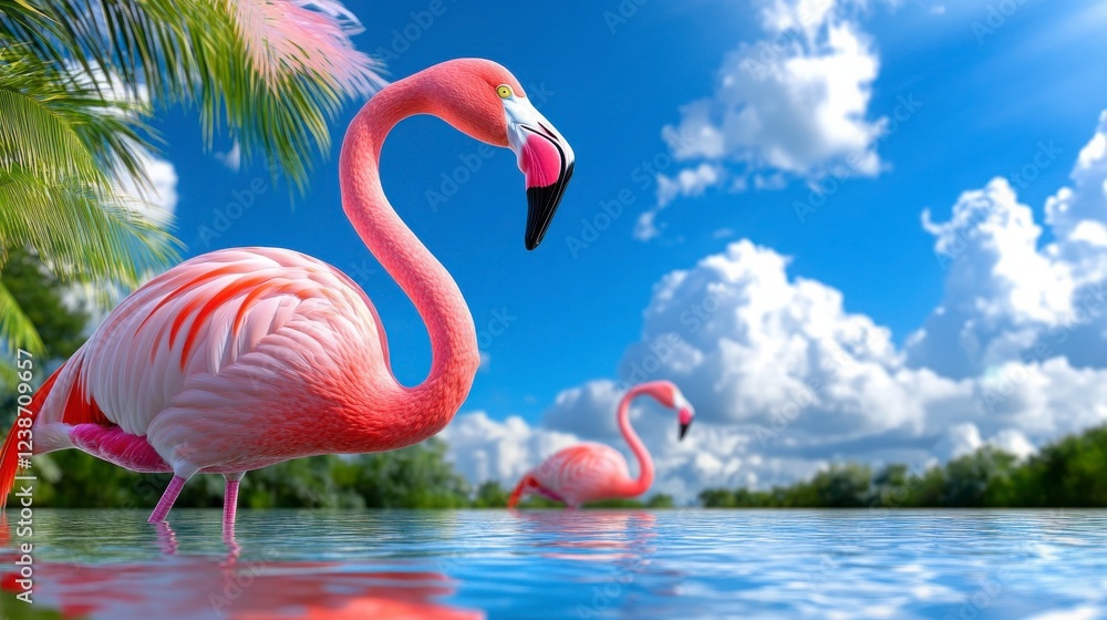 Fototapeta premium Vibrant Flamingos in Serene Water Under Bright Blue Sky