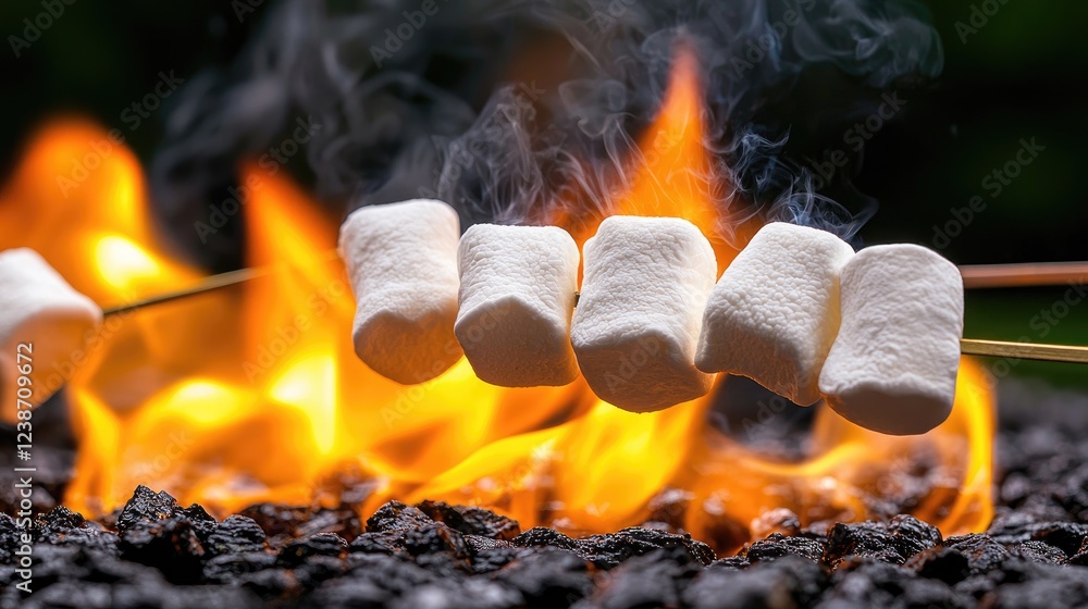 Roasting marshmallows over campfire flames outdoors