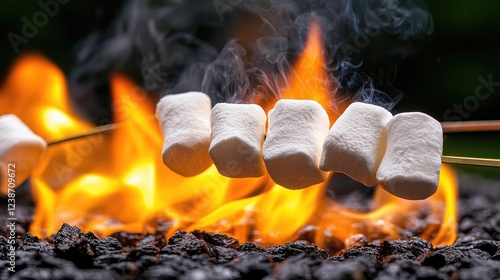 Obraz na płótnie Roasting marshmallows over campfire flames outdoors w salonie