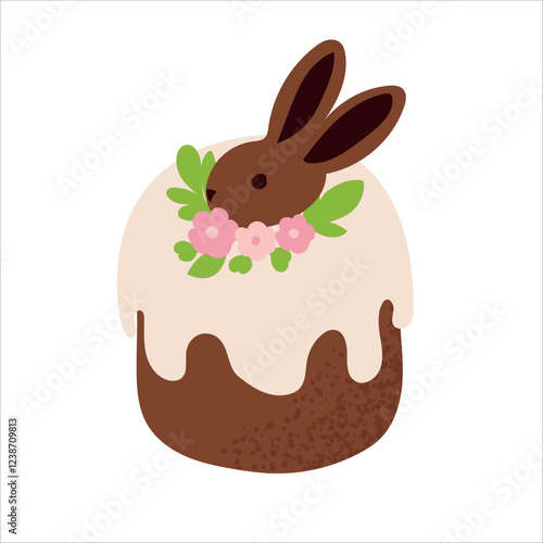 Colorful Easter eggs, bunnies and a festive cake isolated on a white background. Ideal for concepts related to Easter celebrations, holiday treats, spring and holiday cooking.