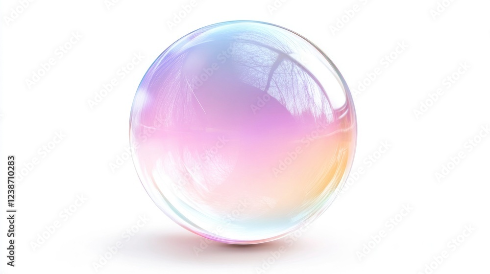 Fototapeta premium Isolated transparent soap bubble with colorful reflections on white background artistic photography minimalist style