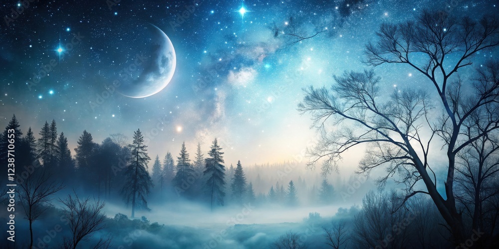 Fototapeta premium Mystical moonlit forest scene with crescent moon, starry night sky, and fog-shrouded trees.