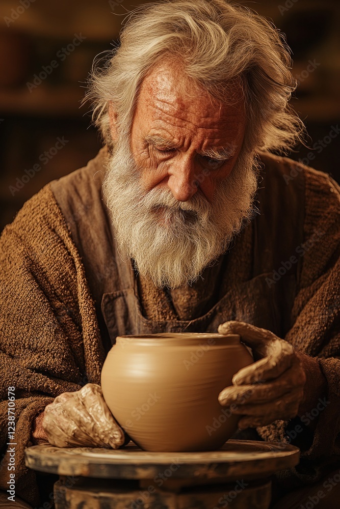 An elderly potter concentrates intently on shaping a clay vessel at a wheel in a warm, rustic workshop filled with earthy tones and tools An elderly potter concentrates intently on shaping a clay vessel at a wheel in a warm, rustic workshop filled with earthy tones and tools