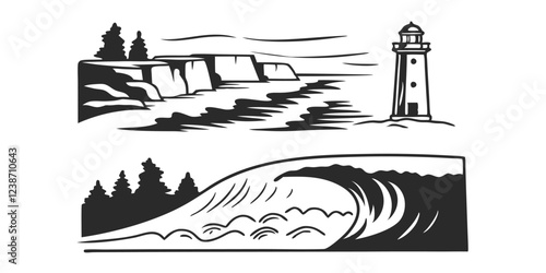 Hand-Drawn Seascape with Lighthouse – Coastal Landscape Sketch Illustration