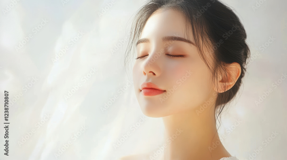 Graceful Asian woman with perfect skin enjoying serene moment Graceful Asian woman with perfect skin enjoying serene moment