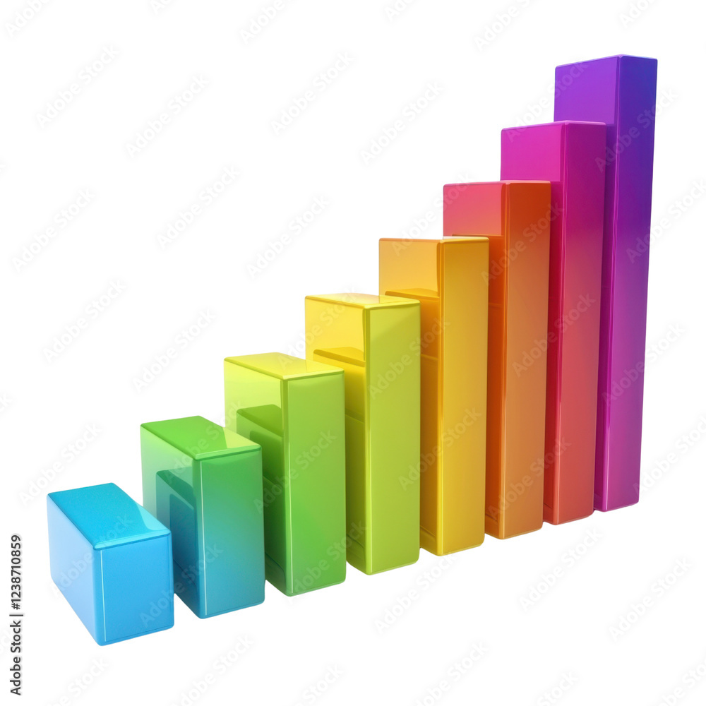 Colorful 3D bar graph representing growth and progress, with vibrant hues of blue, green, yellow, orange, and pink. Ideal for business and finance themes Colorful 3D bar graph representing growth and progress, with vibrant hues of blue, green, yellow, orange, and pink. Ideal for business and finance themes