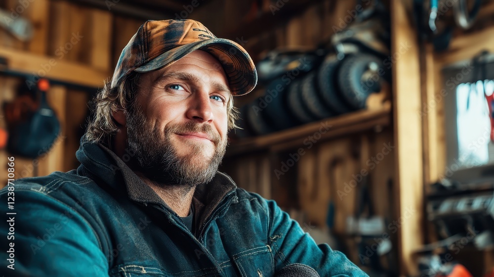A happy man smiles in a workshop filled with outdoor gear, showcasing a sense of community, craftsmanship, and the joy of preparing for outdoor adventures and activities. A happy man smiles in a workshop filled with outdoor gear, showcasing a sense of community, craftsmanship, and the joy of preparing for outdoor adventures and activities.
