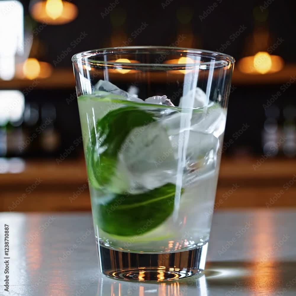 mojito cocktail in a simple glass with fresh mint leaves, lime slices, and ice cubes, set against a blurred bar background with warm lighting mojito cocktail in a simple glass with fresh mint leaves, lime slices, and ice cubes, set against a blurred bar background with warm lighting