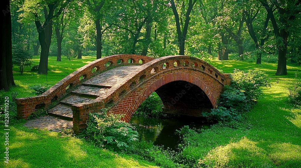 Serene Brick Bridge in Lush Green Park: A Picturesque Summer Landscape Photography Serene Brick Bridge in Lush Green Park: A Picturesque Summer Landscape Photography