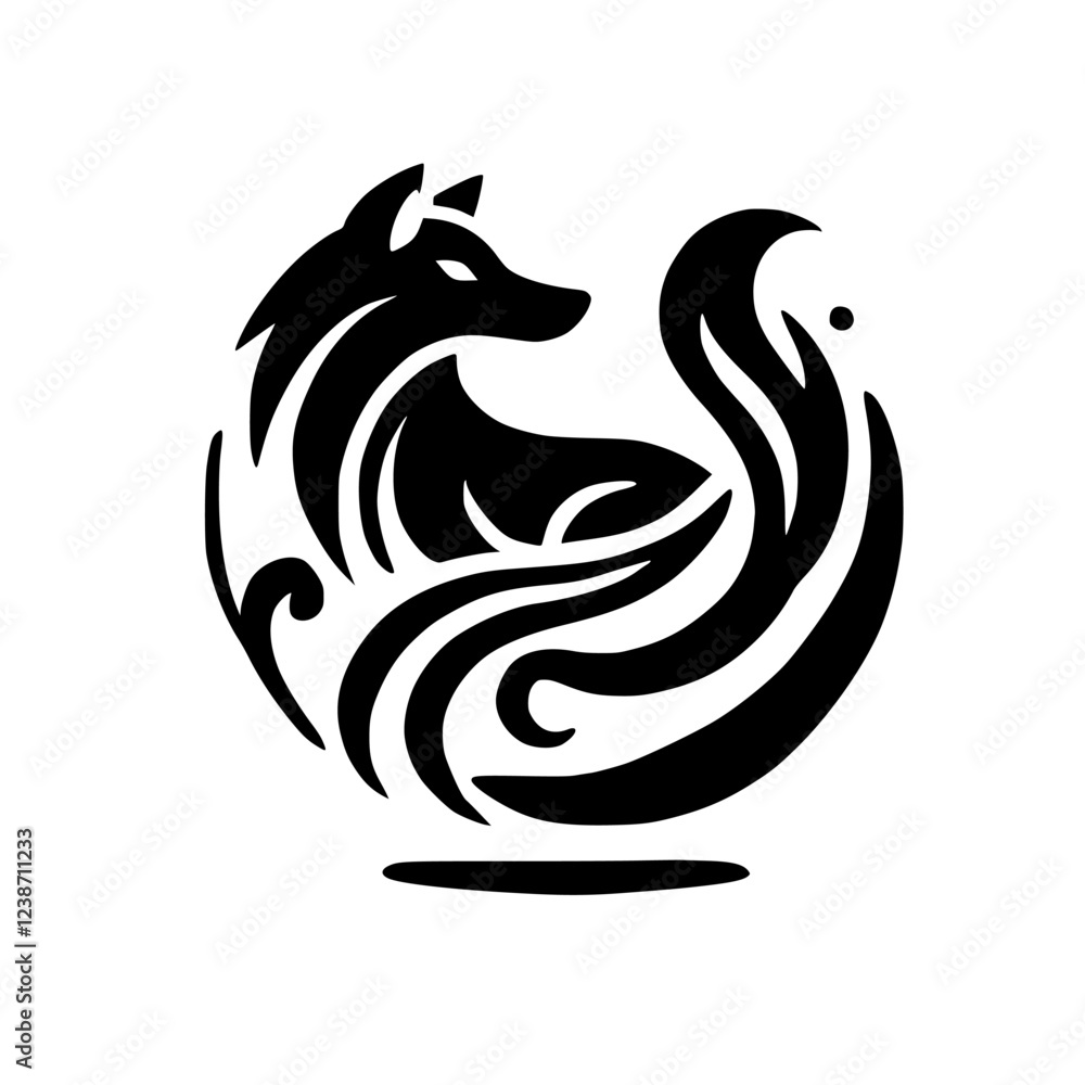 Wolf in Waves: Abstract Black and White Animal Logo Design Wolf in Waves: Abstract Black and White Animal Logo Design