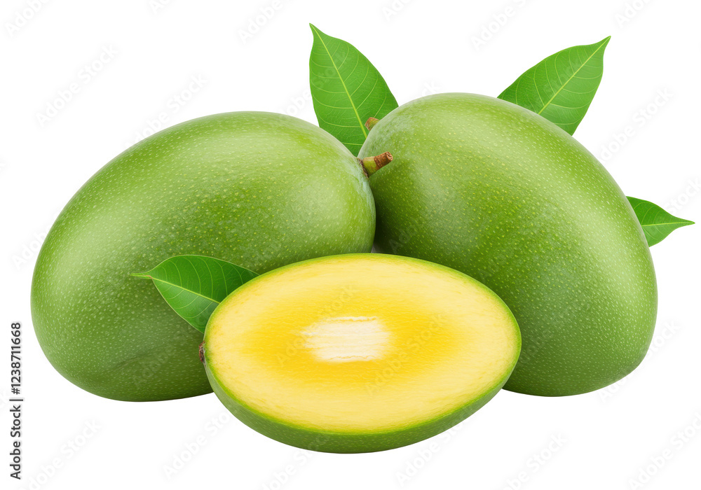 two whole green mangoes with a sliced piece and green leaves isolated on white background two whole green mangoes with a sliced piece and green leaves isolated on white background