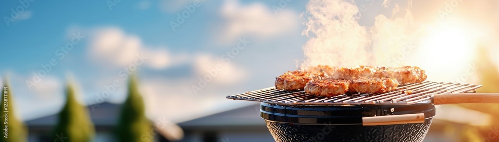 Grilled meat is sizzling on a barbecue with smoke rising, set against a sunny outdoor background and blurred trees. Grilled meat is sizzling on a barbecue with smoke rising, set against a sunny outdoor background and blurred trees.