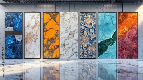 Various panels arranged on a white terrazzo texture with colorful stone-like patterns peeking through.