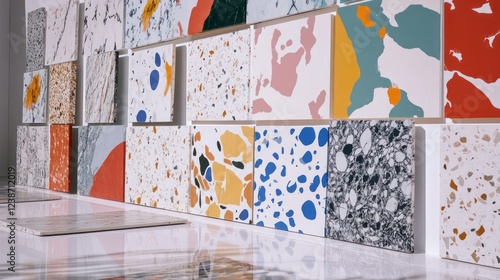 Various panels arranged on a white terrazzo texture with colorful stone-like patterns peeking through.