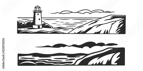 Hand-Drawn Seascape with Lighthouse – Coastal Landscape Sketch Illustration