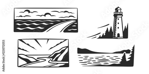 Hand-Drawn Seascape with Lighthouse – Coastal Landscape Sketch Illustration