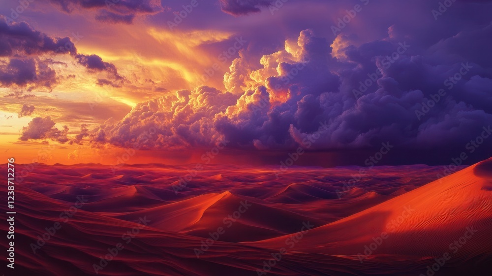 majestic storm clouds rolling over red desert dunes at twilight, with dramatic crepuscular rays piercing through layers of purple and gold cloudscape majestic storm clouds rolling over red desert dunes at twilight, with dramatic crepuscular rays piercing through layers of purple and gold cloudscape