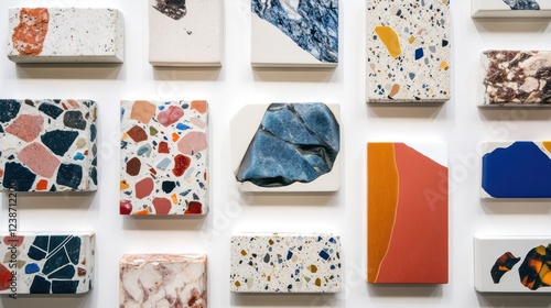 Various panels arranged on a white terrazzo texture with colorful stone-like patterns peeking through.