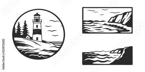 Hand-Drawn Seascape with Lighthouse – Coastal Landscape Sketch Illustration