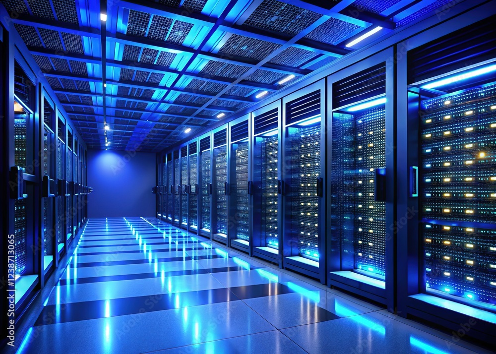 Drone view: modern server room, blue cabinets, and high-tech feel. Drone view: modern server room, blue cabinets, and high-tech feel.