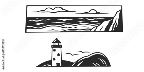 Hand-Drawn Seascape with Lighthouse – Coastal Landscape Sketch Illustration