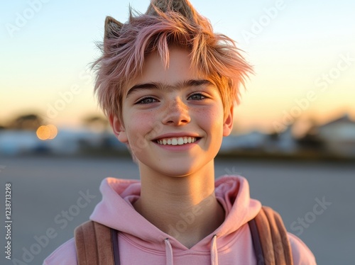 A young man with pink hair is smiling and wearing a pink hoodie photo