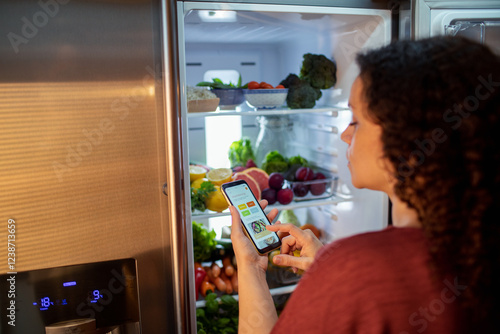 Woman using smartphone app to manage grocery inventory in smart refrigerator photo