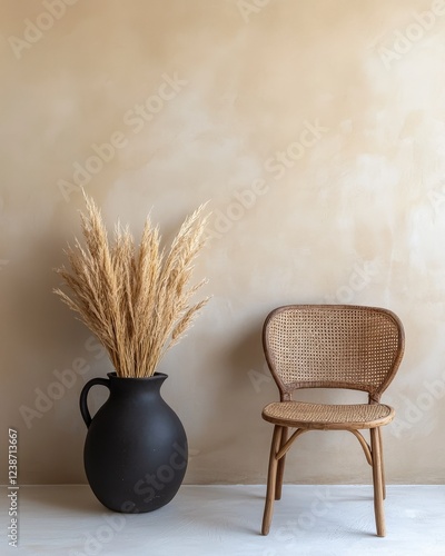 Elegant Minimalist Interior Design with Black Jug, Natural Dried Grass, and Simple Wooden Chair on Soft Wall