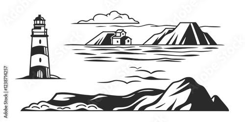 Hand-Drawn Seascape with Lighthouse – Coastal Landscape Sketch Illustration