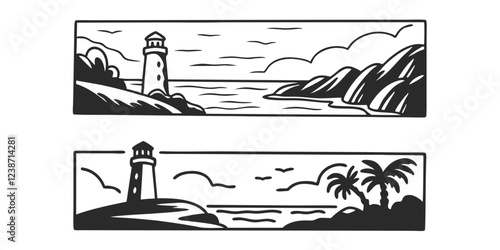 Hand-Drawn Seascape with Lighthouse – Coastal Landscape Sketch Illustration