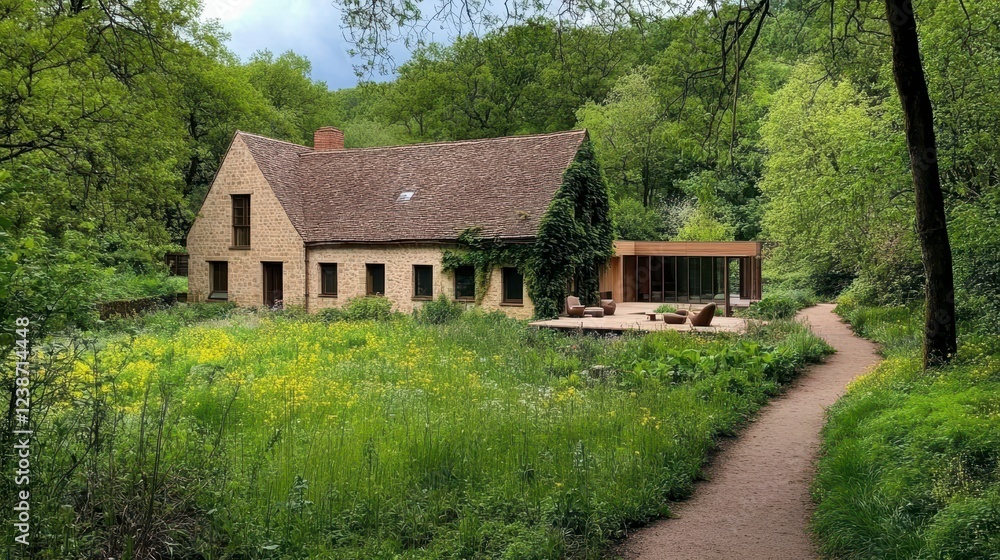 Serene Modern House Surrounded by Vibrant Green Nature Landscape Serene Modern House Surrounded by Vibrant Green Nature Landscape