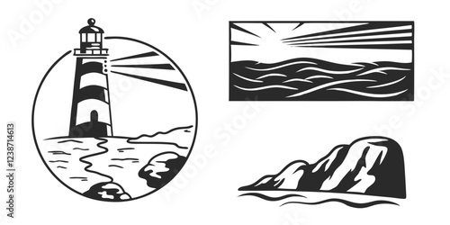 Hand-Drawn Seascape with Lighthouse – Coastal Landscape Sketch Illustration