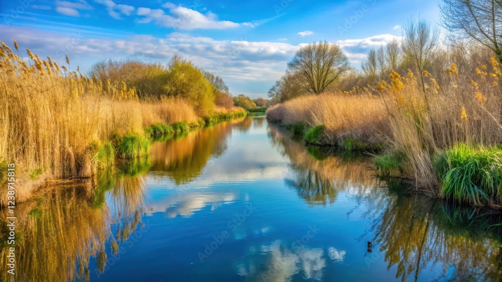 Sunny day reflection on Coppermill Streak Path in Walthamstow Wetlands with reeds and aquatic plants, serene atmosphere, streak, walthamstow wetlands Sunny day reflection on Coppermill Streak Path in Walthamstow Wetlands with reeds and aquatic plants, serene atmosphere, streak, walthamstow wetlands