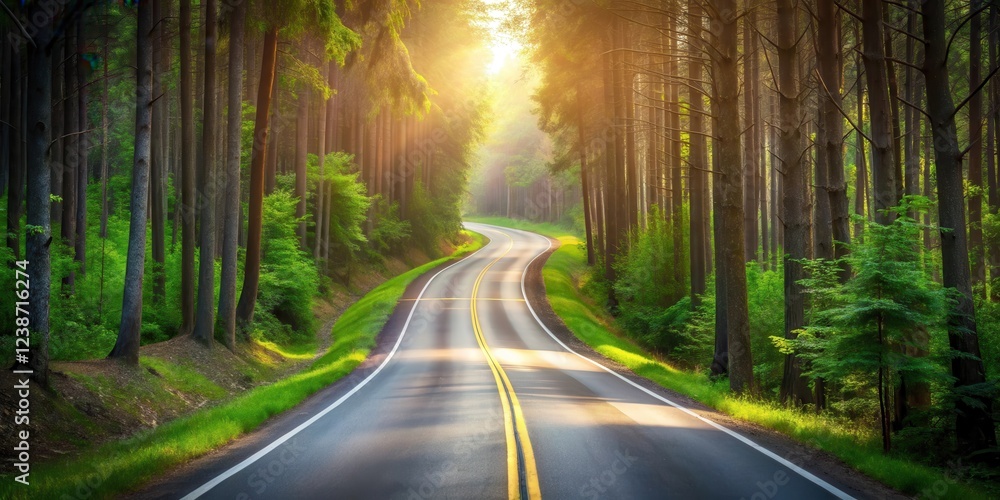 Obraz premium Serene Winding Road Through a Sunlit Forest at Dawn