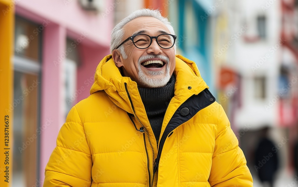 A man wearing glasses and a yellow jacket is smiling A man wearing glasses and a yellow jacket is smiling