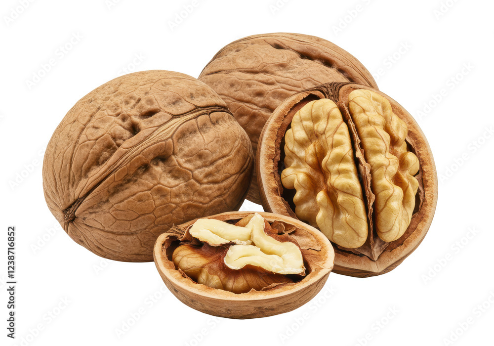 Two whole walnuts, one cracked open to reveal the nutmeat inside, isolated on a white background Two whole walnuts, one cracked open to reveal the nutmeat inside, isolated on a white background