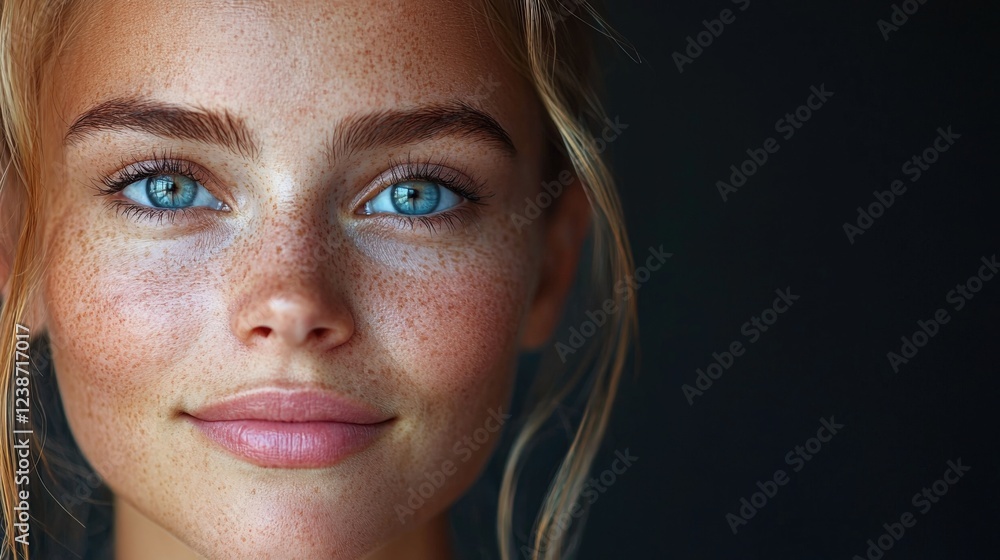 Close-Up Portrait of Beautiful Young Woman with Freckles and Bright Eyes Close-Up Portrait of Beautiful Young Woman with Freckles and Bright Eyes