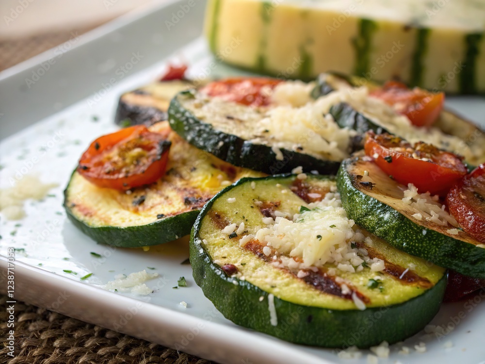 Grilled zucchini parmesan, showcasing layers of flavor and texture. A balanced rule of thirds photo. Grilled zucchini parmesan, showcasing layers of flavor and texture. A balanced rule of thirds photo.