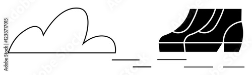 Sneakers sprint past a minimalist cloud. Ideal for concepts of movement, speed, progress, sportswear, outdoor activities, artistic representations of action, modern design. Abstract line flat