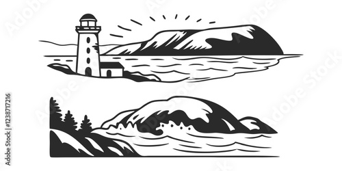 Hand-Drawn Seascape with Lighthouse – Coastal Landscape Sketch Illustration