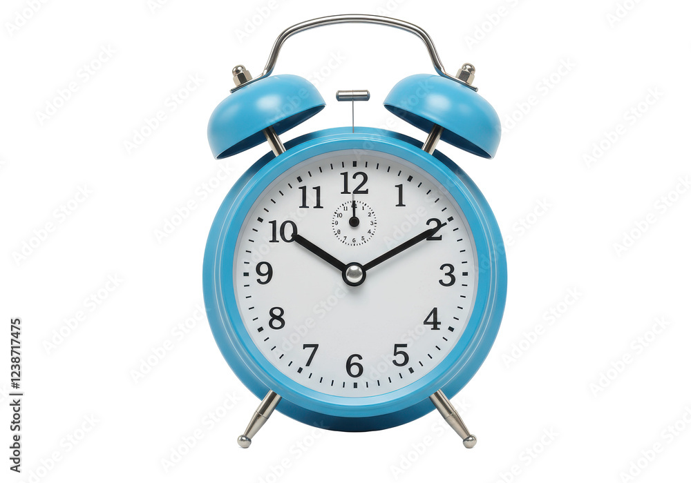 A retro-style blue alarm clock with two bells on top, showing 10:10 on the face, isolated on a white background A retro-style blue alarm clock with two bells on top, showing 10:10 on the face, isolated on a white background