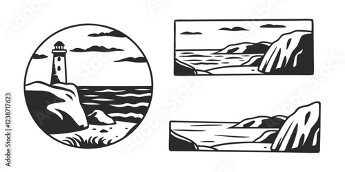 Hand-Drawn Seascape with Lighthouse – Coastal Landscape Sketch Illustration