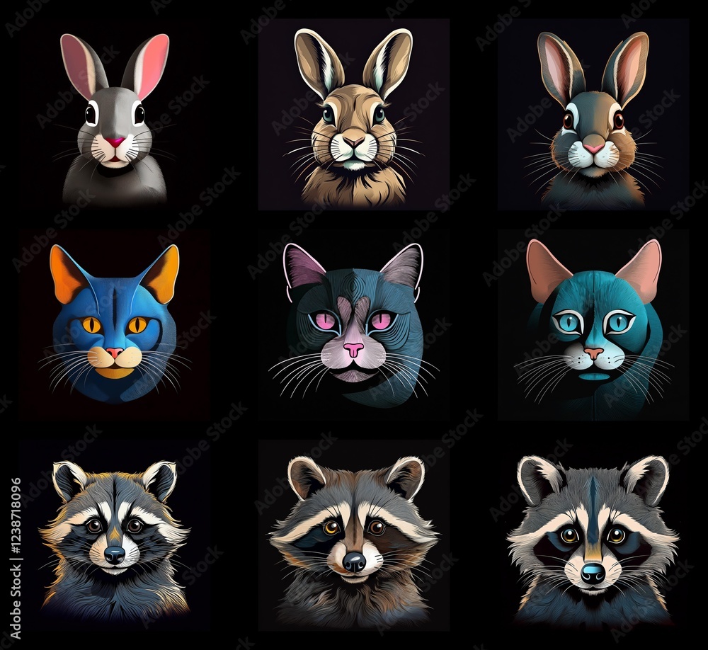 Nine stylized animal portraits: three rabbits, three cats, and three raccoons. Each creature is depicted in a slightly different color scheme against a dark background. The style is sleek and modern Nine stylized animal portraits: three rabbits, three cats, and three raccoons. Each creature is depicted in a slightly different color scheme against a dark background. The style is sleek and modern