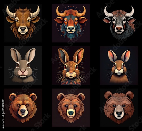 A collection of stylized animal portraits: three bulls, three rabbits, and three bears.  Each animal's head is presented against a dark background, showcasing rich, detailed fur and powerful expressio photo